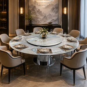 Table à manger ronde en quartzite arc-en-ciel de luxe personnalisée, design moderne sur mesure, 8 places, pieds en métal, mobilier de maison - Product Image 1
