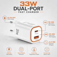Chargeur mural 33W avec logo gravé au laser, ports A+C, sortie USB type C, matériau ignifuge PC, haute qualité, prise US/EU