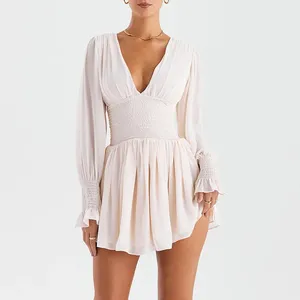 OEM Custom 2024 Plain Lady Summer Clothing V neck Show Back Waist Pure White Long Sleeve Mini Pleated Elegant Gentle Women Dress