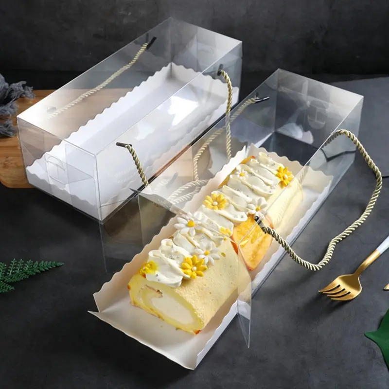 Caja de pastel transparente con asa Cupcake plástico transparente suizo portátil PET embalaje caja de regalo rollo de plástico largo pastel rollo embalaje