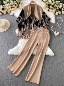 Ensemble tailleur-pantalon élégant pour femme, nouvelle collection automne 2025, <span class=keywords><strong>pull</strong></span> imprimé, <span class=keywords><strong>veste</strong></span> châle tricotée, pantalon taille haute - Product Image 4