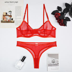 Damen Sexy Spitzen-BH und Halbunterrock Set Netzstoff Durchsichtig mit Stickerei und Schleifendekoration Leichte Formgebung - Product Image 5