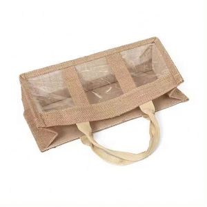 Bolsa de Compras Pequeña de Yute Natural Ecológica con Asas, Color Caqui, para 3 Botellas, Personalizable con Logotipo, Marca Xinxi, China, Venta al Por Mayor - Product Image 3