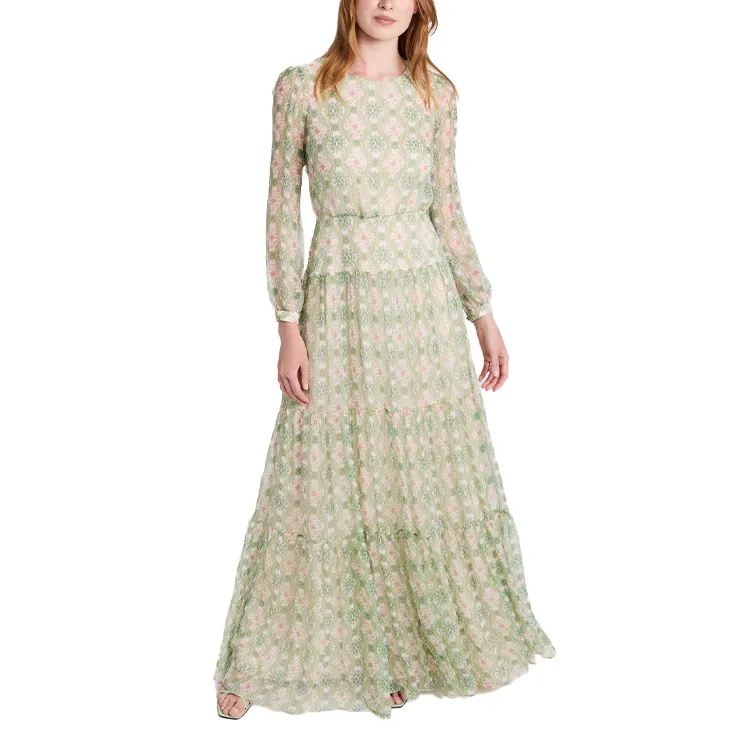 Ladies Crepe Dress For Women Floral Print Clothing Manufacturers Elegant Custom Logo Scoop Neck Long Sleeve Polyester Dress