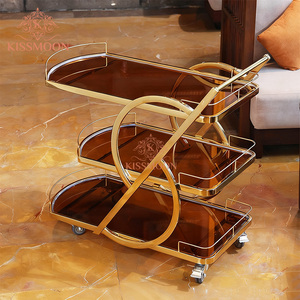 Italiaanse moderne luxe gouden roestvrijstalen restaurant 3-laags gehard glazen thee-wijn-eten serveerwagen - Product Image 3