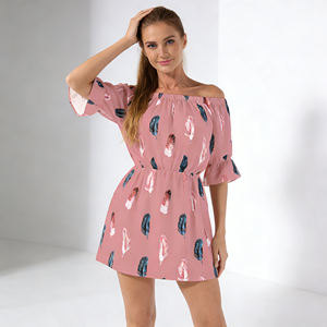Oferta en Temu: Vestido de Mujer con Estampado de Plumas, Hombros Descubiertos, Manga Media, Cintura Elástica, Mini Vestido Casual para Fiesta, Vacaciones, Playa - Product Image 6