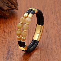 Bracelet artisanal pour homme en cuir avec perles de quartz rutile et améthyste, fermoir en acier inoxydable