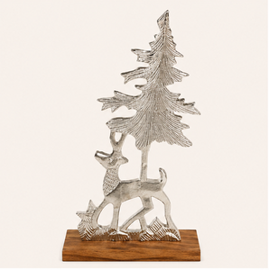 Antique Nickel Reindeer Figurine & Metal <b>Tree</b> Scene High-Quality Aluminum Nordic Style <b>Christmas</b> Sculpture With Wooden <b>Base</b> - Product Image 3