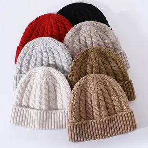 Groothandel Custom Logo Hoge Kwaliteit Effen Kleur 100% Wol Winter Hoed Cap Vrouwen Verdikte Warme Twist Wol Gebreide Muts Muts