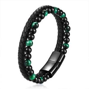 <b>Beaded</b> <b>Bracelet</b> 14mm Stainless Steel Natural Tiger Eye Genuine Leather Hand Woven Design For Women Gift Jewelry - Product Image 2