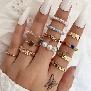 Fashion Jewelry European And American 12 Piece Finger Ring Set Women's Set New Love Knot Color Bead Pearl Open Joint Ring
