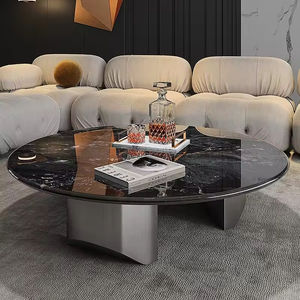 Tavolino da Caffè in Stile Italiano Minimalista in Legno Microcristallino con Piano in Marmo, Arredamento Moderno Rotondo per Soggiorno - Product Image 4