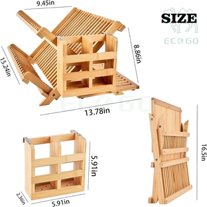 ชั้นวางจานแบบพับได้ปรับระดับได้ ทำจากไม้ไผ่ สำหรับจัดเก็บในครัว พร้อมที่ใส่ช้อนส้อม - Product Image 5