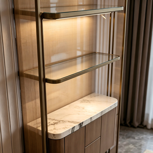 Mueble Bar Moderno Independiente con Encimera de Mármol, Puertas de Madera y Estructura de Acero Inoxidable - Product Image 3