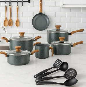 Non Stick 13-Piece Forged Ceramic Marble Coated Pot <b>Pan</b> Glass <b>Lids</b> Wooden Soft touch Handles Aluminium Cookware Set - Product Image 2