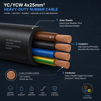 Câble électrique toronné en cuivre pur YC YCW 4x25mm, 4 conducteurs, 450V, gaine PVC robuste, IP44, industriel pour centrale électrique triphasée