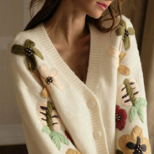 Cardigan da <span class=keywords><strong>Donna</strong></span> Personalizzato con Motivo Floreale a Maniche Lunghe, Design Ricamato, Stile Casual - Product Image 1