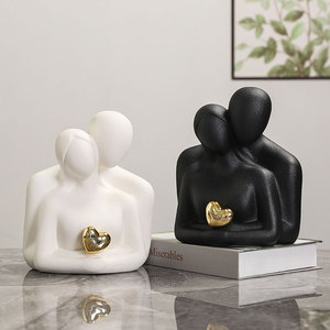 Mini sculpture de couple en céramique Art Déco moderne, amoureux s'embrassant, noir et blanc, pour décoration de meuble TV, maison, chambre, fête, logo personnalisé - Product Image 1