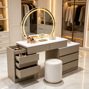 Modern Beige Makeup <b>Vanity</b> With Round LED Mirror Storage Cabinet And White Stool Bedroom Dressing <b>Table</b> - Product Image 6