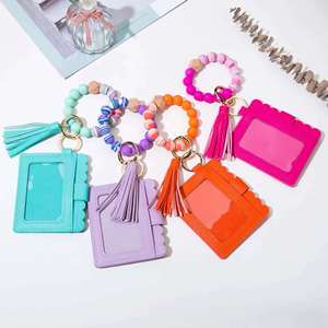 Llavero Portatarjetas de Crédito, Monedero de Cuero con Cremallera, Cartera de Cuero Estampada, Pulsera de Silicona con Cuentas Florales, Llavero con Borla - Product Image 3