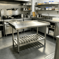 RVS werktafel met verhoogde rand en lattenbodem, professionele keukenvoorbereidings-tafel, groothandel