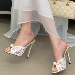 Flower Lace Upper Women on Sandals Dress Wedding Pearl Stiletto Party Shoes Thin High Heels Peep Toe Mules <b>Slides</b> - Product Image 2