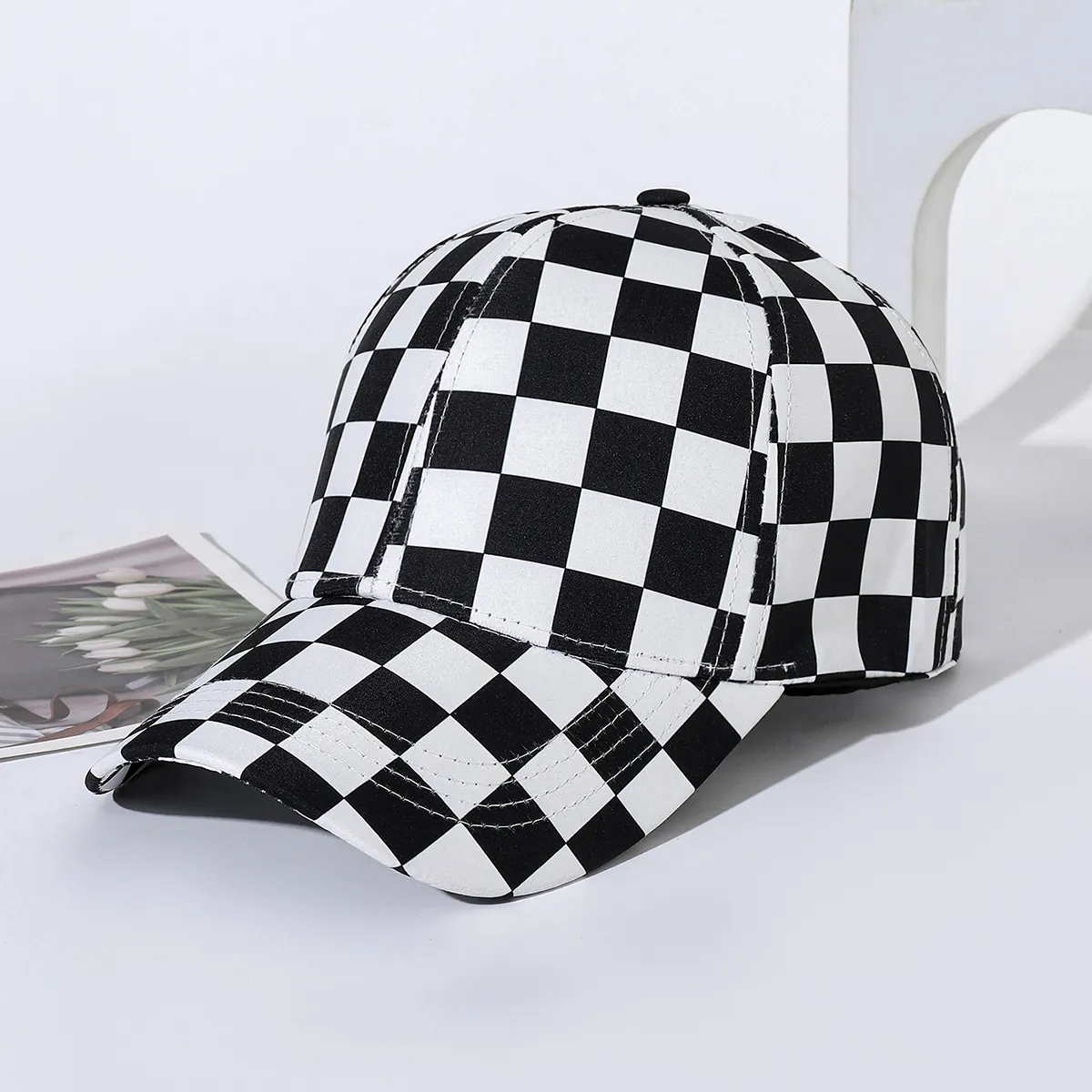 Dropshipping topi bisbol wanita, hitam dan putih catur papan catur