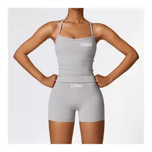 2024 hohe taille atmungsaktiv sexy 2 stück yoga fitness set weste mit shorts damen set di yoga heiße mädchen individuell