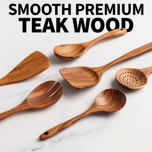 Juego de 6 Utensilios de Cocina de Madera de Acacia y Teca, Cucharas de Madera para Cocinar - Product Image 3