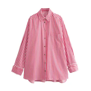 Womens 2024 Spring and Summer New Fashion Casual Striped Rolled Cuffs Loose Women&#39;s Shirt 2731533