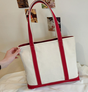 Sac fourre-tout en toile décontracté minimaliste personnalisé, fermeture éclair en coton, sac de shopping d'été, grand sac fourre-tout, poignée bicolore - Product Image 4