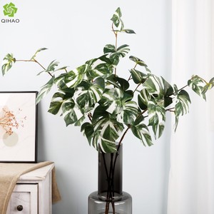 Qihao <b>Artificial</b> Monstera Leaf PVC Plastic High Simulation Indoor Decorative Plant Green White Color Single <b>Stem</b> 3 Forked Mini - Product Image 2
