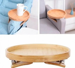 पेय के लिए लकड़ी के ट्रे के साथ गोल बांस भंडारण रैक आर्मरेस्ट क्लिप साइड टेबल - Product Image 3