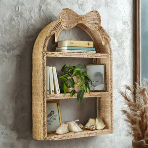 Rattan <b>Wall</b> Shelf 3 Tier <b>Hanging</b> <b>Storage</b> Basket With Bow Design For Kids Room Home Decor - Product Image 4