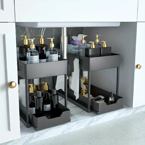 Organisateur de cuisine en plastique à deux niveaux <span class=keywords><strong>sous</strong></span> l'évier, rangement coulissant pour les articles ménagers - Product Image 2