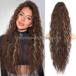 Ekstensi rambut ponytail wanita 30 inci, rambut sintetis pirang super gelombang, tampak alami, tebal, dengan klip jepit pre-bonded 140g - Product Image 1