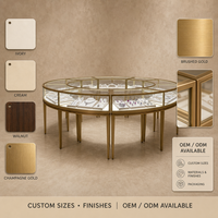 Vitrine de présentation de bijoux ronde multi-faces sur mesure avec cadre métallique, éclairage LED, vente en gros directe usine