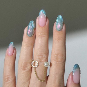 Set De 24 Faux Ongles Bleu Vert - Forme Amande, Colle Incluse, Matière ABS, Neuf