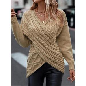 Suéter Feminino Novo com Decote em V, Manga Longa, Suéter Trançado Elegante e Quente para o Inverno em Cor <span class=keywords><strong>S</strong></span>ólida - Product Image 1