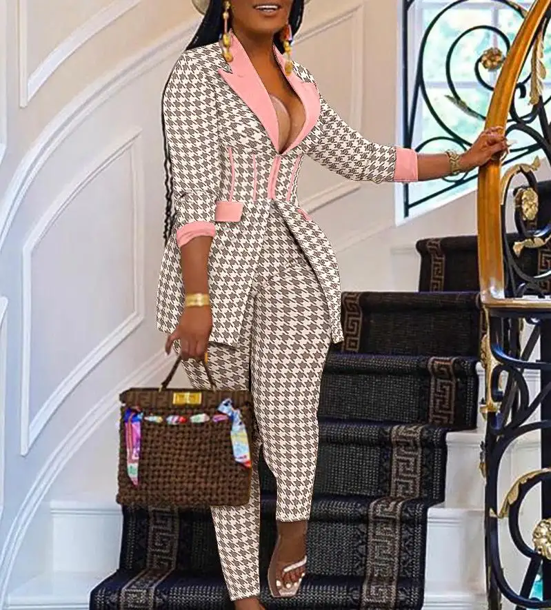 10%OFF new S-XXL Women's Suit Notched Collar Geo Print Corset Blazer Coat & Pants Set Office Lady Daily Elegant Set 2 Pieces