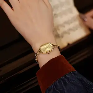 女式手表复古手链表金色椭圆形防水不锈钢奢华艺术经典石英女士手表