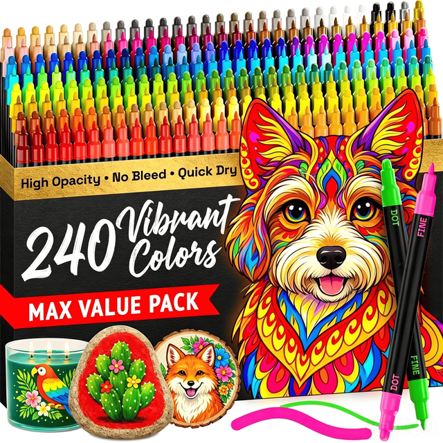 240 Precision Dual-Tip Acrylic Paint Markers Paint Pens Set with Dot & Fine Tips for Fabric, Rock, Glass, Wood, Coloring Books
