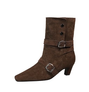 รองเท้าบูทแฟชั่นดีไซน์ย้อนยุคของผู้หญิงรองเท้าบูทยาวครึ่งน่องหัวแหลมพร้อมหัวเข็มขัดและมีสไตล์ - Product Image 3