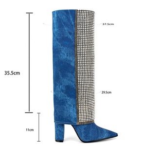 Denim Diamonds Patchwork Overlay Booties Women's Shiny Rhinestone Knee High <b>Boots</b> Blue High Chunky Heel Shoes Large Size 45 - Product Image 4