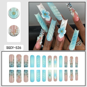 Faux ongles 3D bleus style ligne, motifs floraux mignons, de luxe, réutilisables et détachables pour manucure de fête, vente en gros - Product Image 2