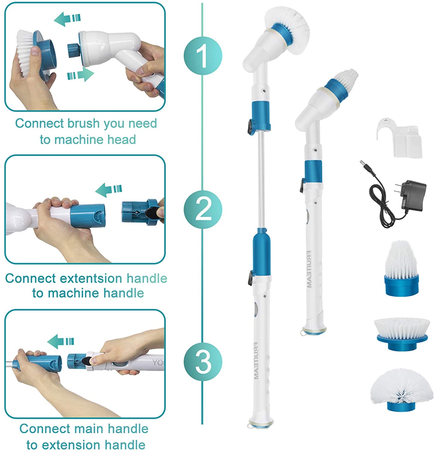 Electric Battery Operated Floor Spin Scrubber Wireless Rechargeable Bathroom Cleaning Brush with 3 Replaceable Brush Heads