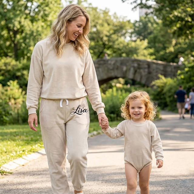 Personalized Mommy and Me Matching Sets Custom Name Long Sleeve Sweatshirt and Jogger Set for Girls Unisex Casual Loungewear