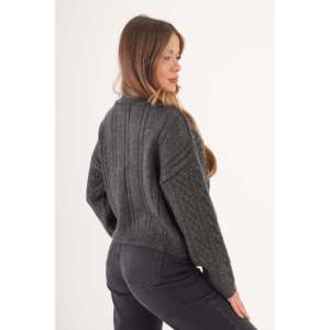 Pull en maille spirale anthracite à motif, style décontracté avec bouton décoratif à logo sur le devant, coupe courte, saison hiver, vente en gros - Product Image 1