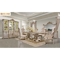 Ensemble de salle à manger de style européen haut de gamme, table à manger en bois sculpté de style baroque avec buffet américain et cave à vin
