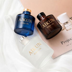 Aikun Blue Glass Long Lasting Cylinder Reed Diffuser <b>Set</b> With Gold Cap Custom Box For Hotel Home Bathroom Fragrance Gift Supply - Product Image 5